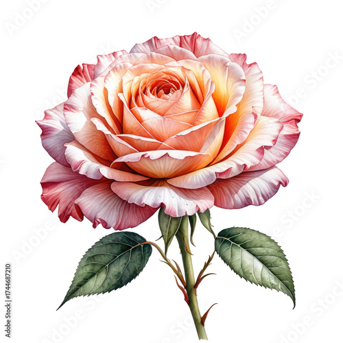 Close-up of a blooming rose with peach and white petals, green stem, and leaves