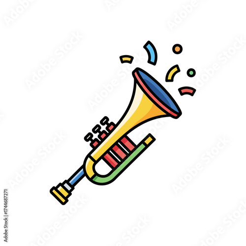 Colorful trumpet illustration with confetti and musical instrument design.