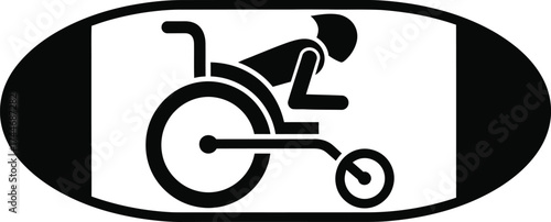 Stylized black silhouette of a person in a wheelchair moving forward within an oval frame
