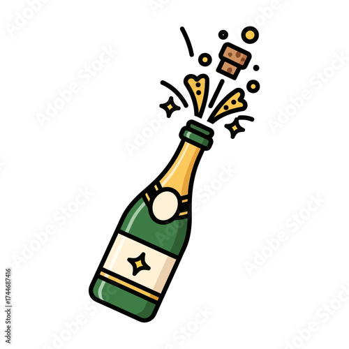 Champagne bottle popping with cork and celebratory bubbles for festive occasions.