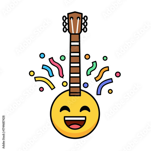 Happy Banjo Emoji with Confetti Celebration.