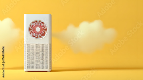 a modern air purifier against a yellow backdrop with a soft cloud effect