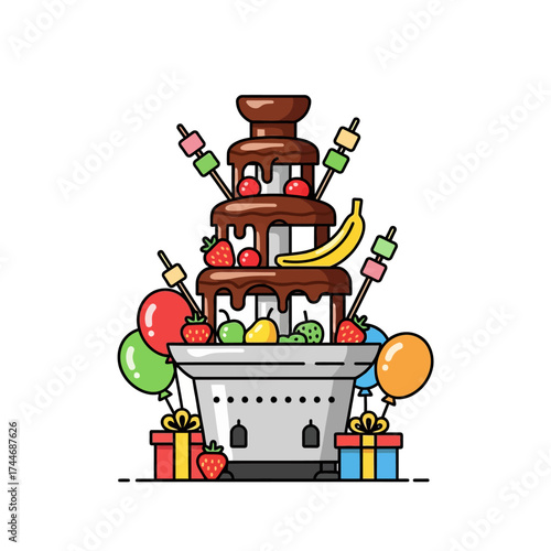 Chocolate Fountain with Fruits and Party Decorations.