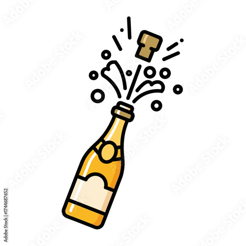 Champagne bottle popping cork with splash and bubbles celebration.