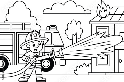 Cartoon firefighter spraying water on a burning house with a fire truck