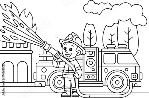 Cartoon firefighter dousing flames from a fire truck with water