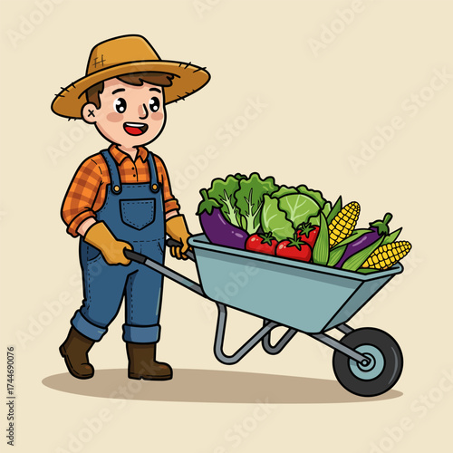 Cartoon farmer pushing a wheelbarrow full of colorful vegetables, wearing plaid shirt, overalls, and straw hat, set against a beige background.