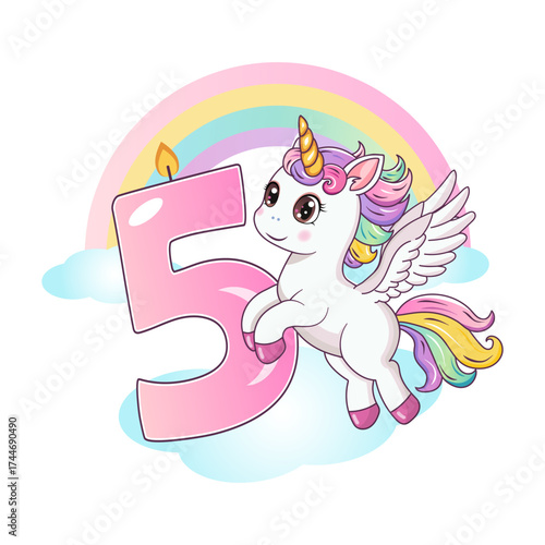 An invitation to a birthday party. Cute unicorn with the number 5. Vector illustration.