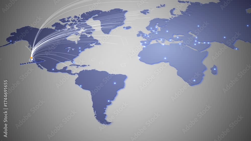 Connectivity Radiating Map Futuristic world map with glowing connection lines radiating from San ...