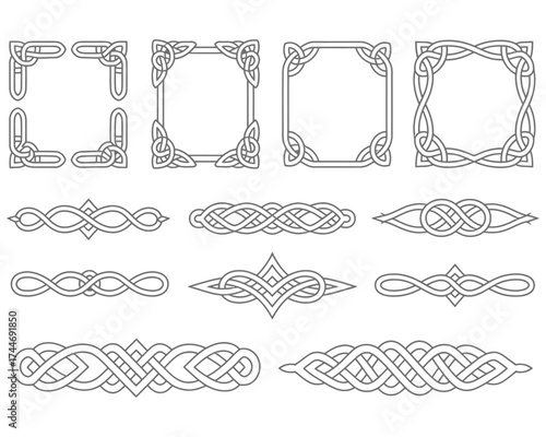 Vector Graphic Design of Ornate Celtic Knotwork Decorative Elements and Frame Borders Set