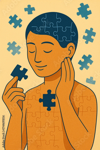 Flat illustration of person completing puzzle pieces symbolizing self discovery and mental health. Concept of personal growth, therapy and emotional healing
