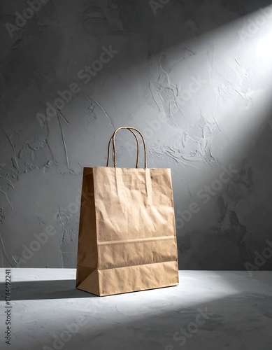 Empty paper bag under dramatic light in a studio