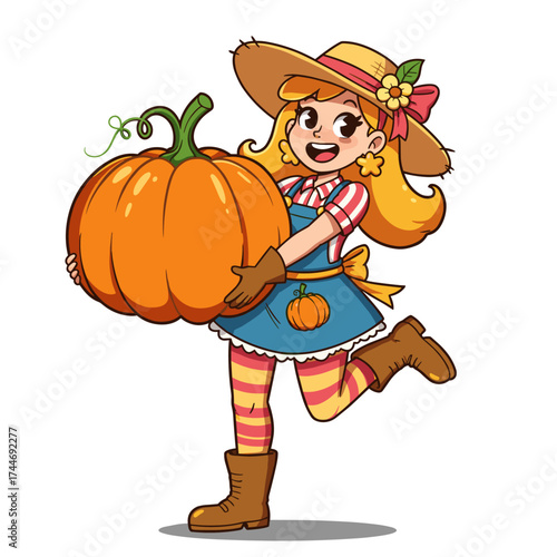 Cartoon girl with orange hair holding a pumpkin, wearing striped outfit and flowered straw hat, joyful pose on peach background.