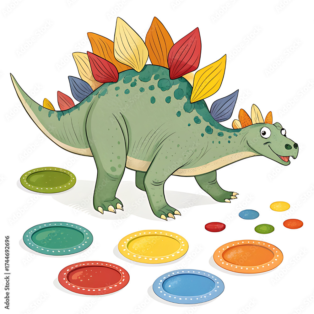 Obraz premium Cartoon stegosaurus walking on colorful stepping stones isolated on white background