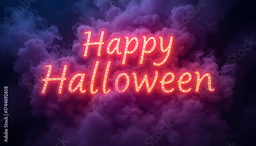 Happy halloween glowing neon sign with smoky background for festive mood