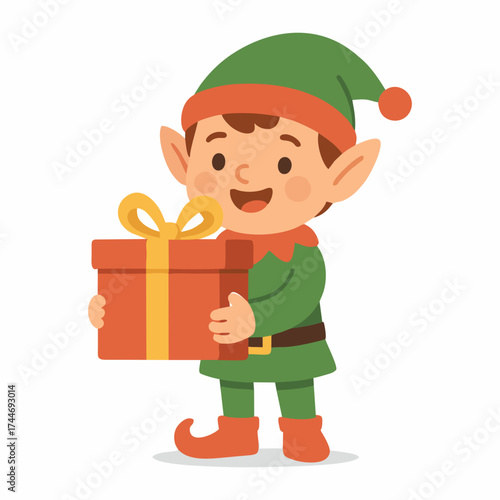 Delightful holiday magic featuring a cheerful Christmas elf delivering a beautifully wrapped gift with a bright smile, spreading joy and festive cheer