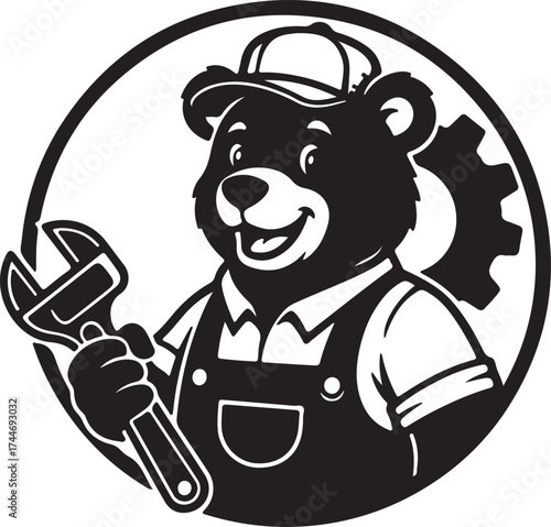 Black and White Bear Plumber Holding Wrench Logo.