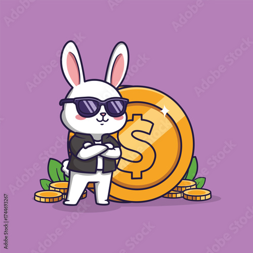 Cute Cartoon Rabbit with Sunglasses and Dollar Coin. Vector Illustration of Confident Wealth Character