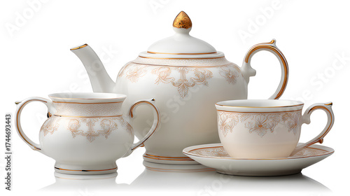 an elegant tea set composed of a teapot, a sugar bowl, and a teacup with saucer