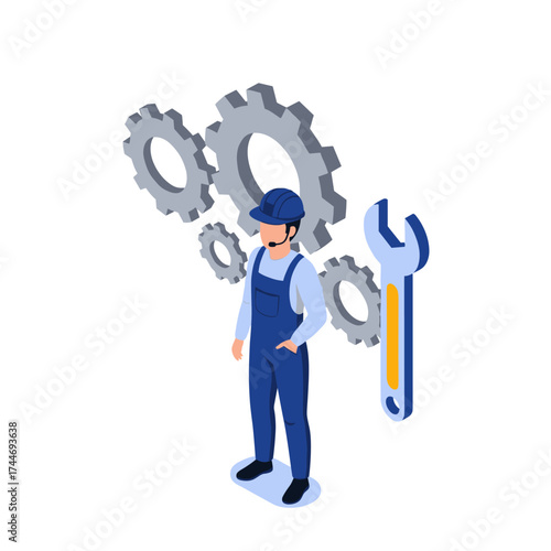 A technician with tools and gears represents mechanical repair services and maintenance.