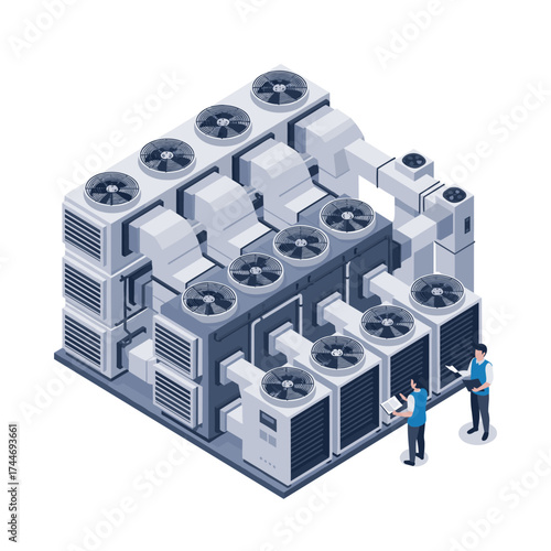 Industrial HVAC system with fans ducts and technicians examining equipment.