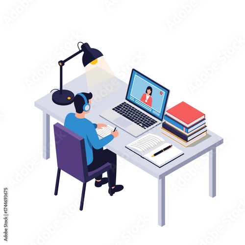 A student attends an online class while studying at their desk. The student wears headphones and takes notes as the instructor appears on the laptop screen, surrounded by books and a lamp.