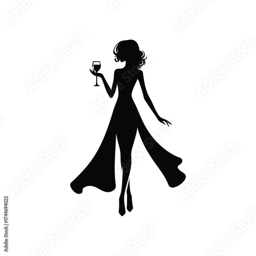Elegant Woman Silhouette with Wine Glass gown dress fashion style female party event celebration drink alcohol cocktail vector