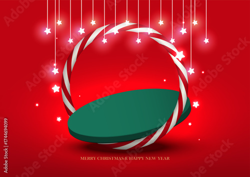 Festive Christmas background with green 3D podium, candy cane circle, hanging glowing stars on red background. Vector illustration.
