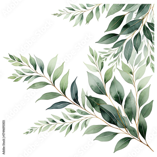 Green leaves corner Watercolor branches of foliage on black background
