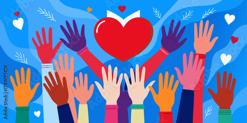 Diverse hands reaching up towards a heart symbol