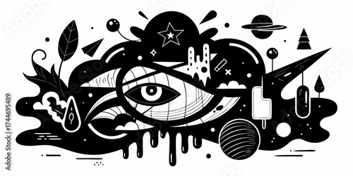 Surreal black and white abstract composition with eye and cosmic elements