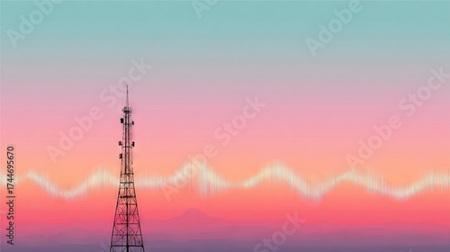 Communication Tower against Gradient Sky with Wave Signal, Representing Wireless Connectivity, Modern Technology, and the Flow of Digital Communication