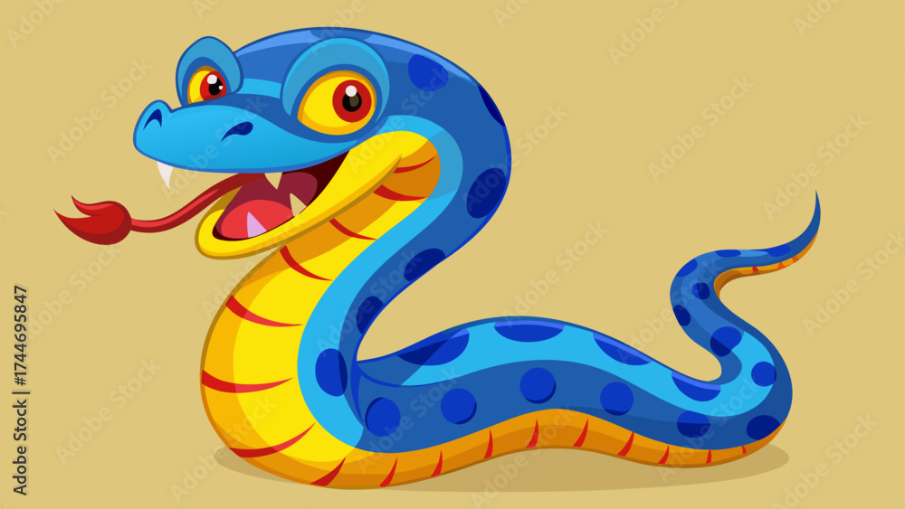 Fototapeta premium Cheerful blue snake with yellow belly and red tongue