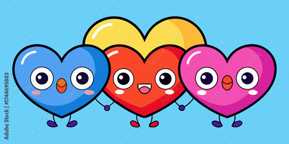 Fototapeta premium Three happy cartoon hearts holding hands on a blue background