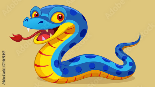 Cheerful blue snake with yellow belly and red tongue