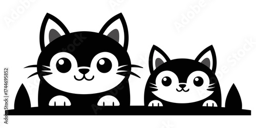 Two cute black and white cartoon cats peeking over a ledge