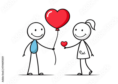 Stick figures sharing love with hearts and balloon