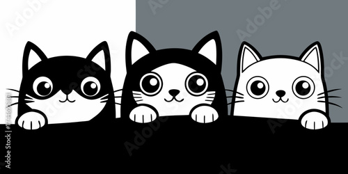 Three cute cartoon cats peeking over a black surface
