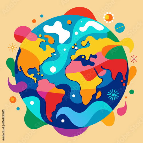 Vibrant abstract earth globe with colorful shapes and celestial elements