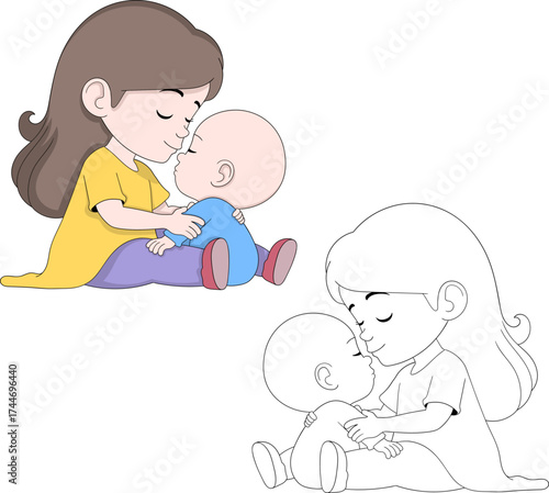 Mother Kissing Baby Cute Mothers Day Illustration