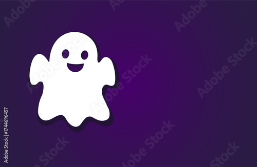 A smiling ghost on a purple background for Halloween advertising and promotions. Space for text is available.