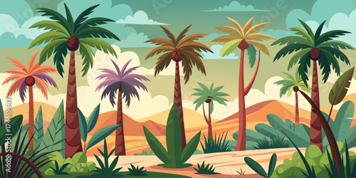 Vibrant tropical landscape with diverse palm trees and rolling hills