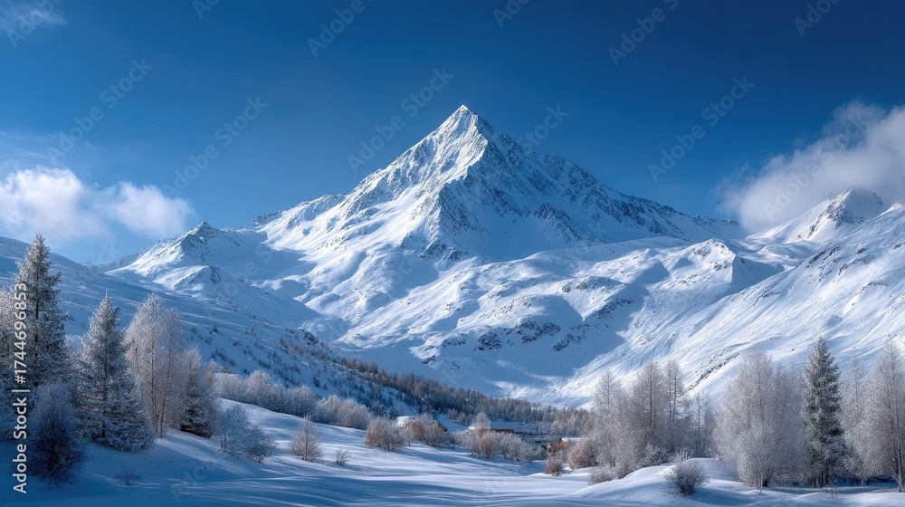 custom made wallpaper toronto digitalMajestic Snow Covered Mountain Peak with Pine Trees Under Blue Sky in Winter Landscape