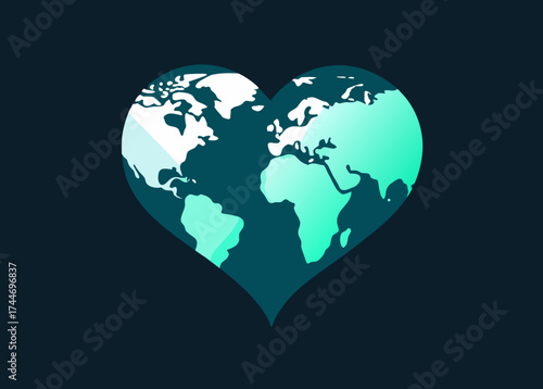 Heart shaped earth symbolizing global love and care