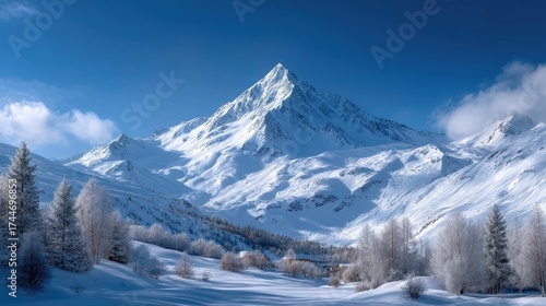 Wallpaper Mural Majestic Snow Covered Mountain Peak with Pine Trees Under Blue Sky in Winter Landscape Torontodigital.ca