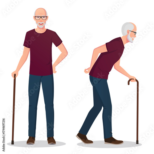 Elderly Man Walking with a Walking Stick Vector illustration