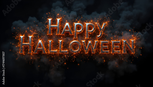 Fiery happy halloween text with dark smoke background for spooky celebration