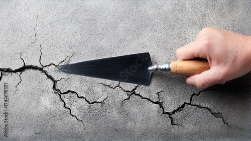 A hand uses a pointed trowel to fix a large crack wall.
