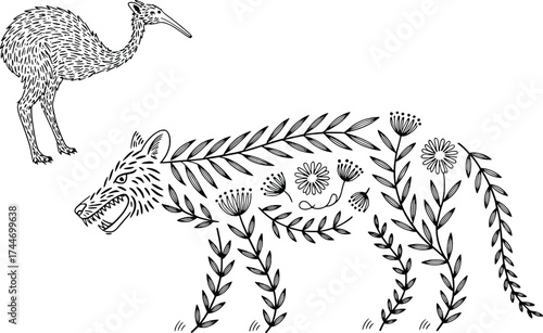Whimsical wolf and camel animal figures made of botanical elements