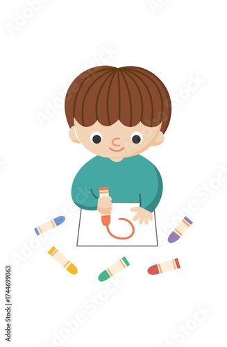 クレヨンで絵を描いて遊ぶ子ども　男の子
